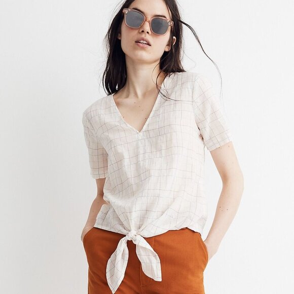 Madewell Tops - Madewell Cream Plaid Tie-Front Blouse